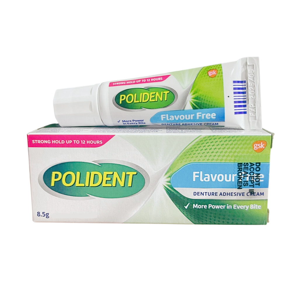 POLIDENT No Flavour - Denture Adhesive Cream 12 Hours Strong Hold 8.5g ...