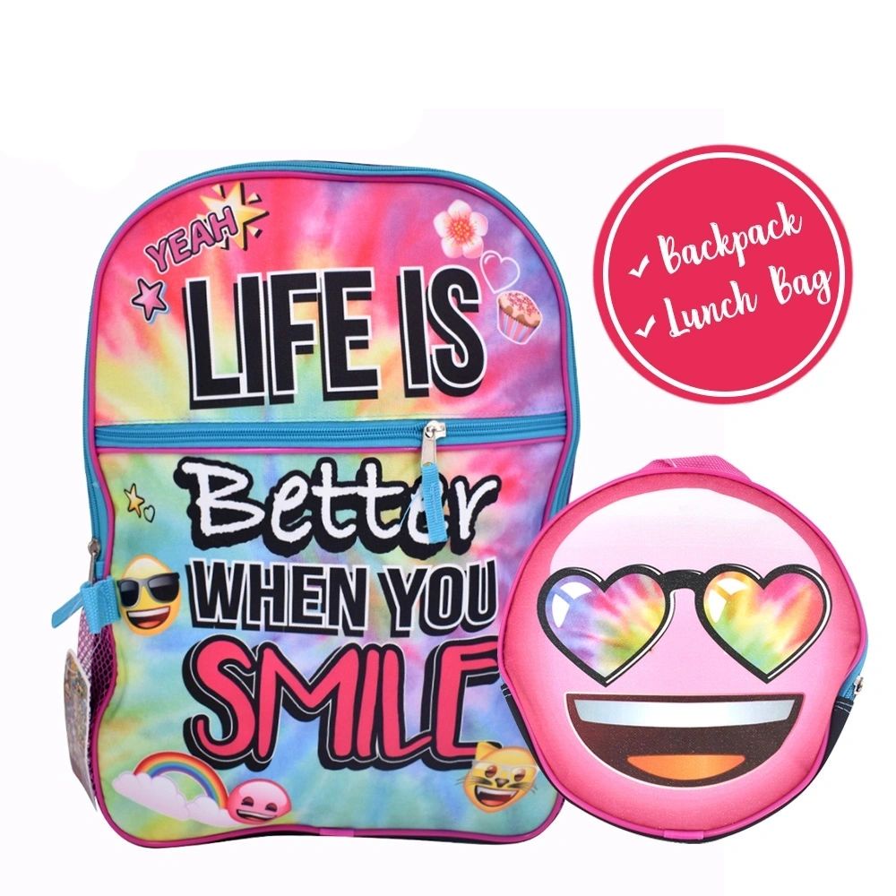 BUBBLEFIT 2 Pieces Casual Daypack and Lunch Bag Student Backpack Emoji