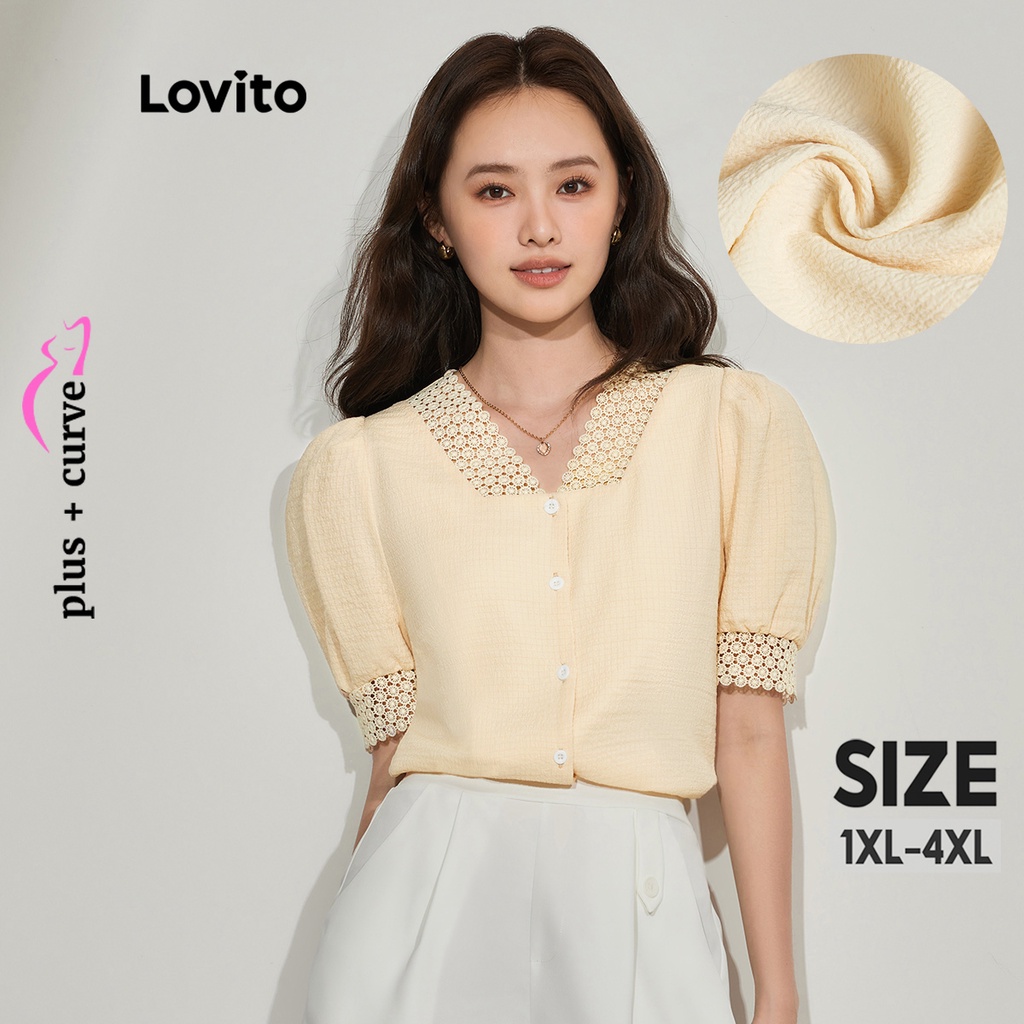 Lovito Plus Size Curve Elegant Plain Contrast Lace Puff Sleeve Blouse For Women Lps09021 8276