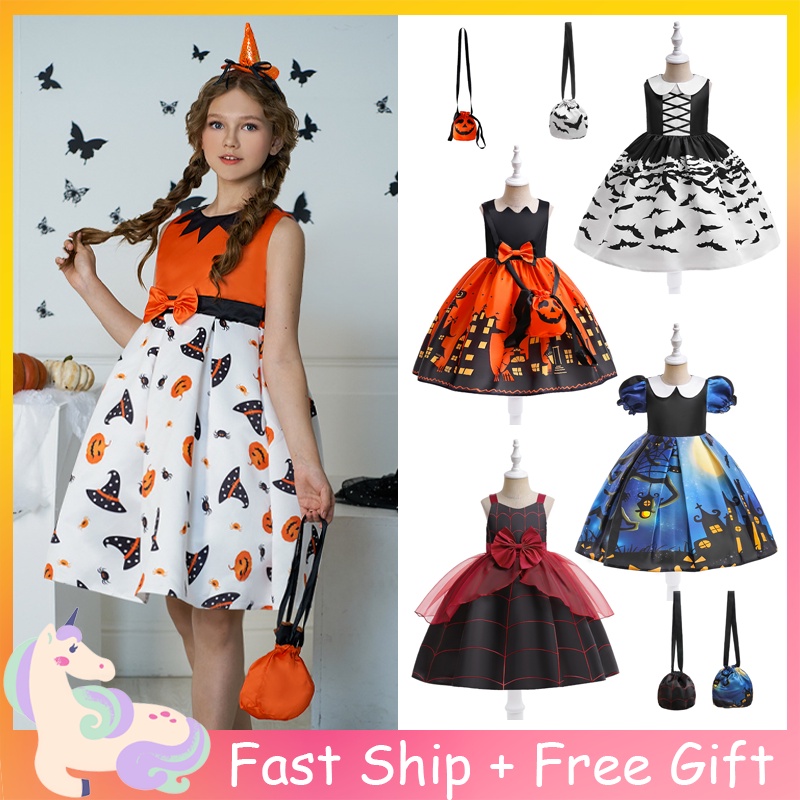 Pumpkin Witch Costume Cosplay Baby Girl Orange Black White Dress For ...