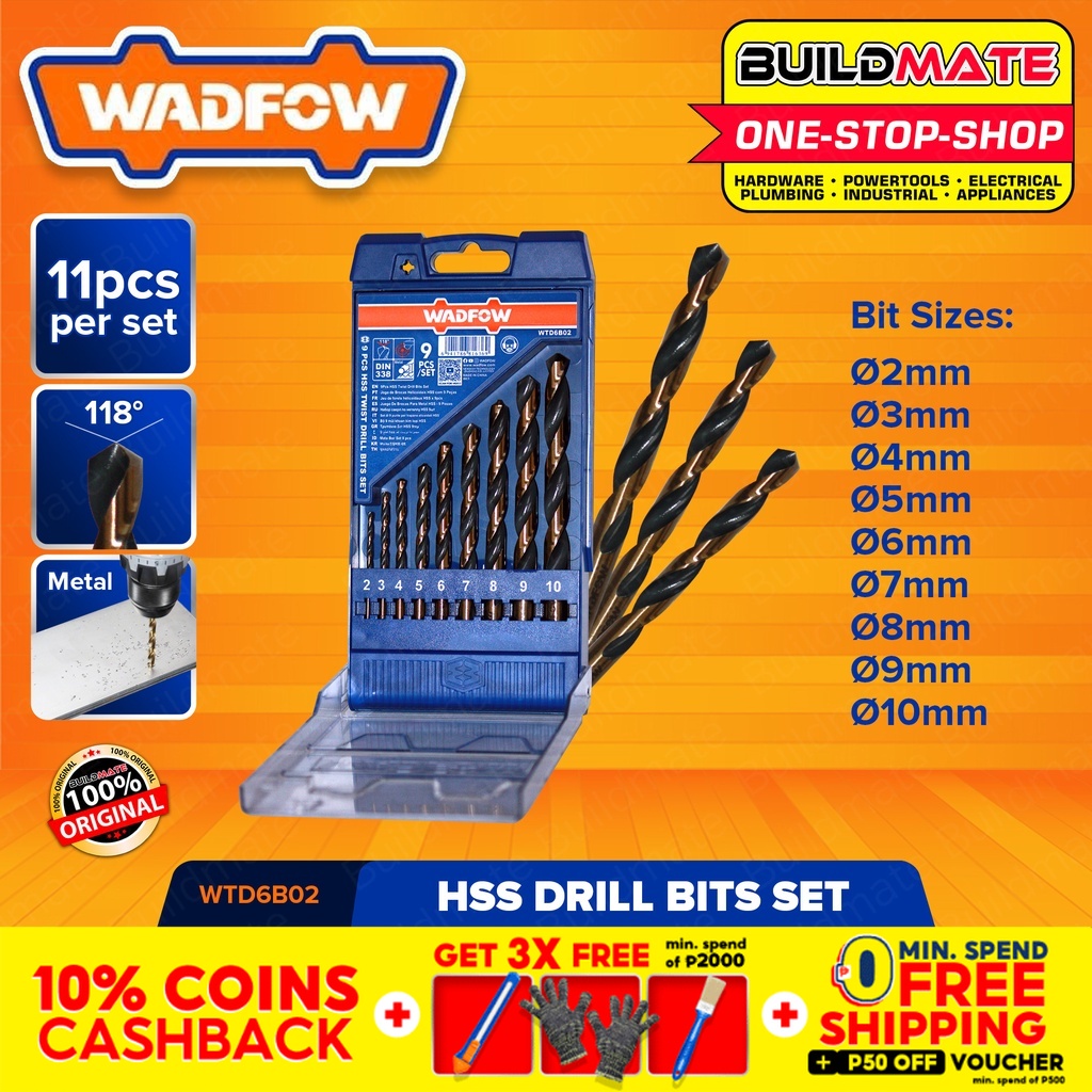WADFOW 9PCS HSS Twist Drill Bits Set 2mm to 10mm For Metal Twist Drill