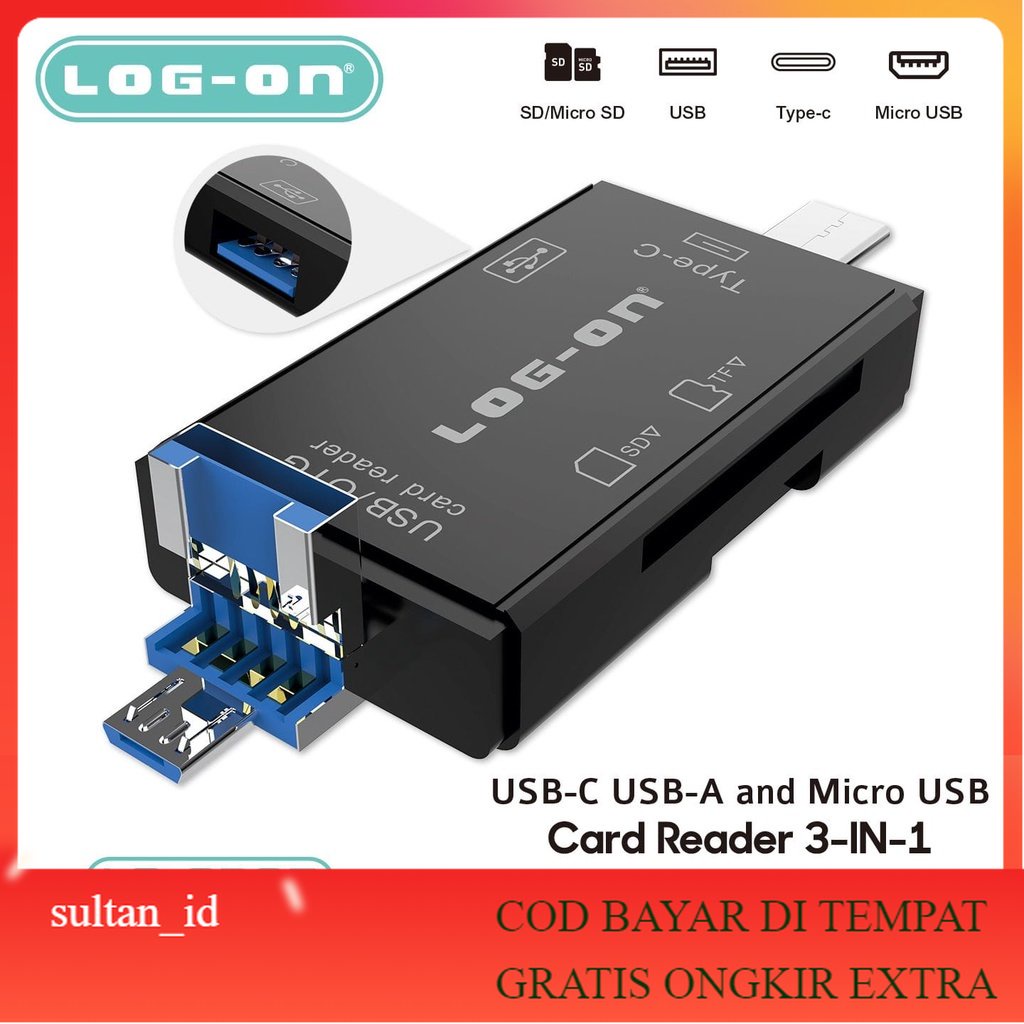 Card READER LOG ON LO-CR07 3IN1 USB ADAPTER TYPE C/MICRO-USB/USB 2.0,SD ...