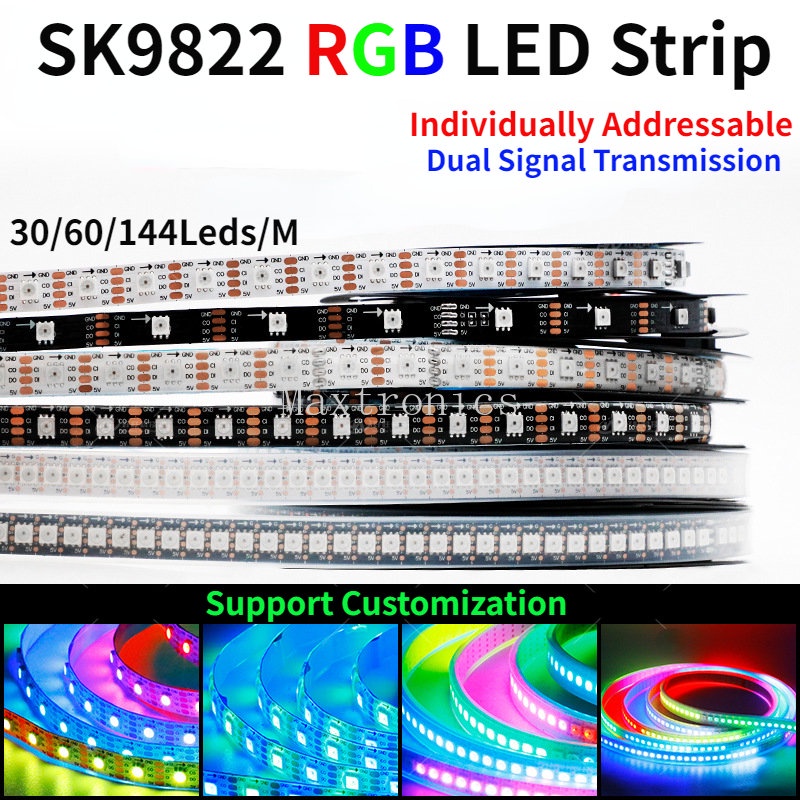 APA102 Smart LED Pixel Strip - 144 LEDs Per Meter, 5V DC, Full Color RGB Lighting With Separate Data & Clock