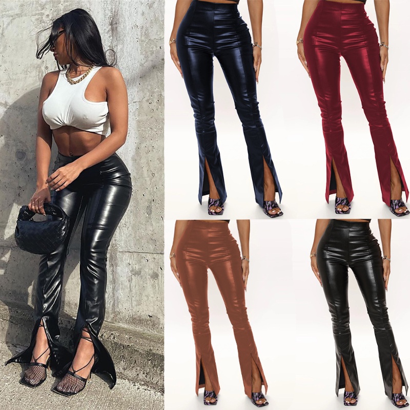 Women s Faux Leather Pants High Waisted Elastic Split Flare Pants Shopee Philippines