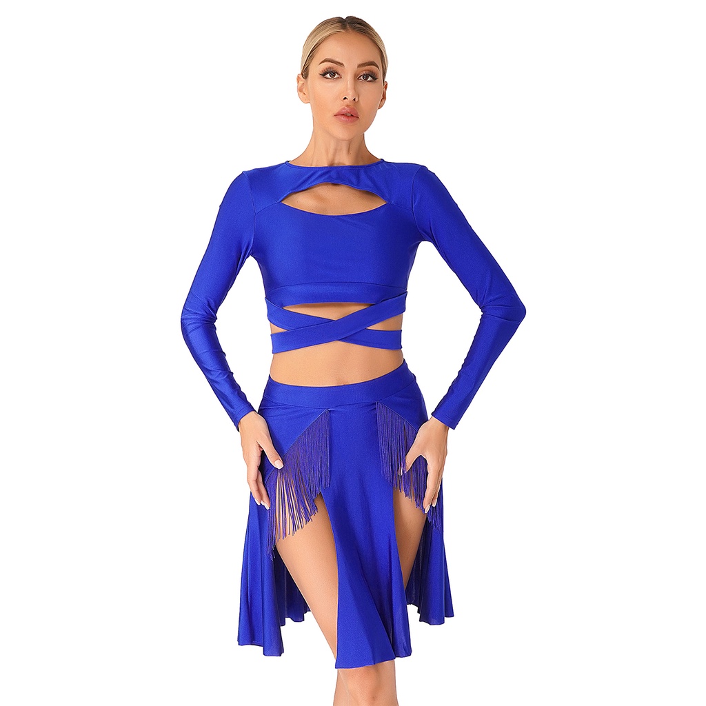 Women Modern Lyrical Dance Performance Costume Long Sleeve Crop Top with Split Skirt Dancewear