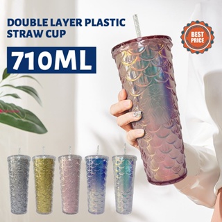 summer Cold Water Cup Tumbler With Straw Double Layer Plastic