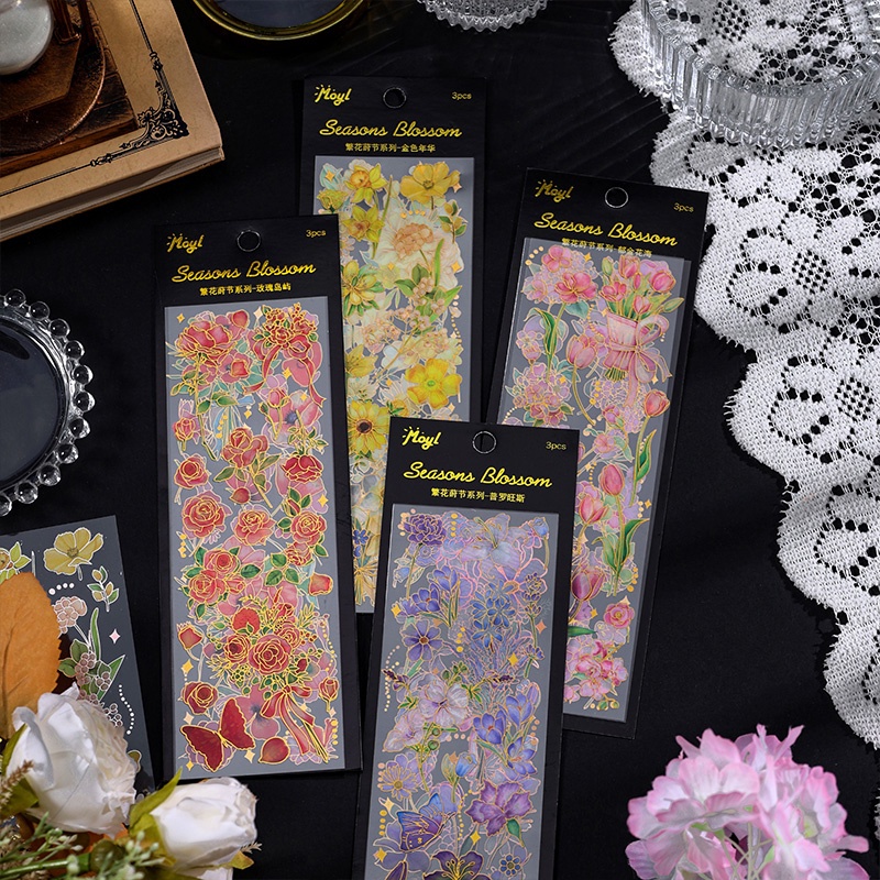 3 Sheets Vintage Flower Series Bronzing Stickers Waterproof Transparent ...