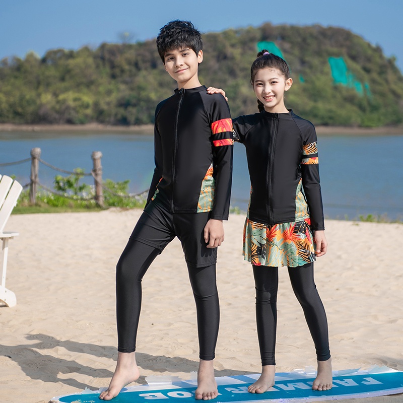 Girls Boys Long Sleeve Swimsuit Threepieces Set Full Body Swimwear Rashguards Kids Students