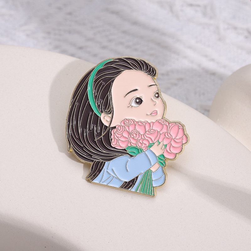 Beautiful Girl Holding Flowers Enamel Lapel Pin Cartoon Character ...