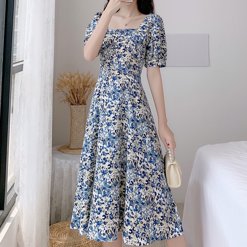 Summer New Short Sleeve Waistband Square Neck Chiffon Fragmented Flower ...