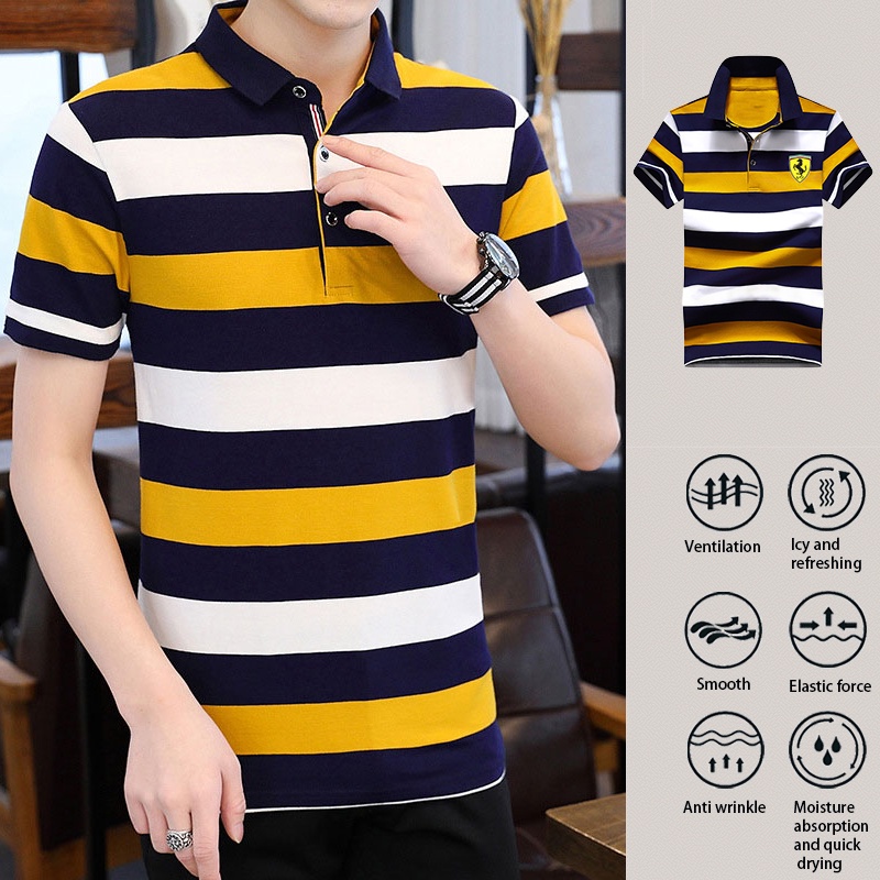 Men Short Sleeved T Shirt Lapel Cotton Polo Shirt Stripe Trendy Men