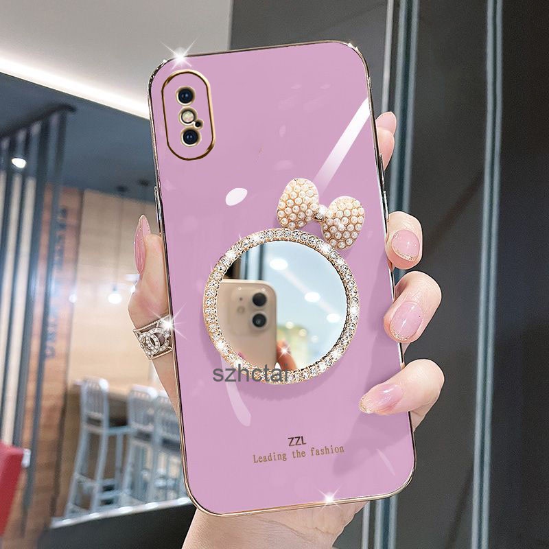 Casing iPhone x xs xs max Luxury Pearl Bow Makeup Mirror Plating Silicone  Soft Phone Case
