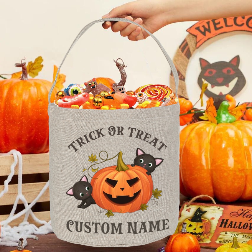 Custom Name Trick or Treat Tote Bag Halloween Candy Bag Imitation Hemp ...