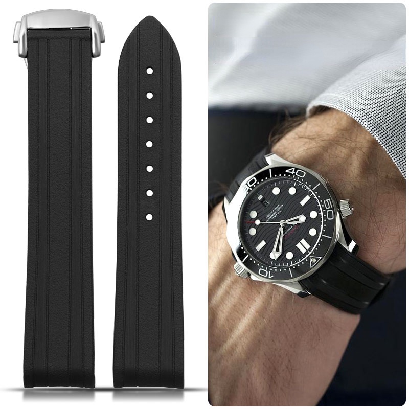 20mm Curve End Watch Band Soft Silicone Strap For Omega Seamaster 300 