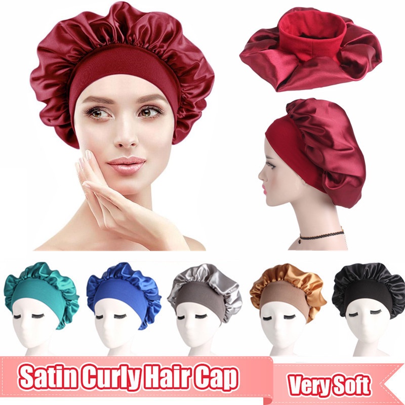 Women's Satin Solid Wide-brimmed Sleeping Hat Night Sleep Cap Hair Care ...