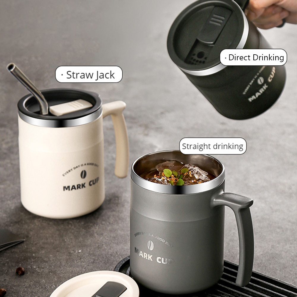 Stainless Steel Coffee Mug Tumbler With Straw Thermos Cup With Handle ...