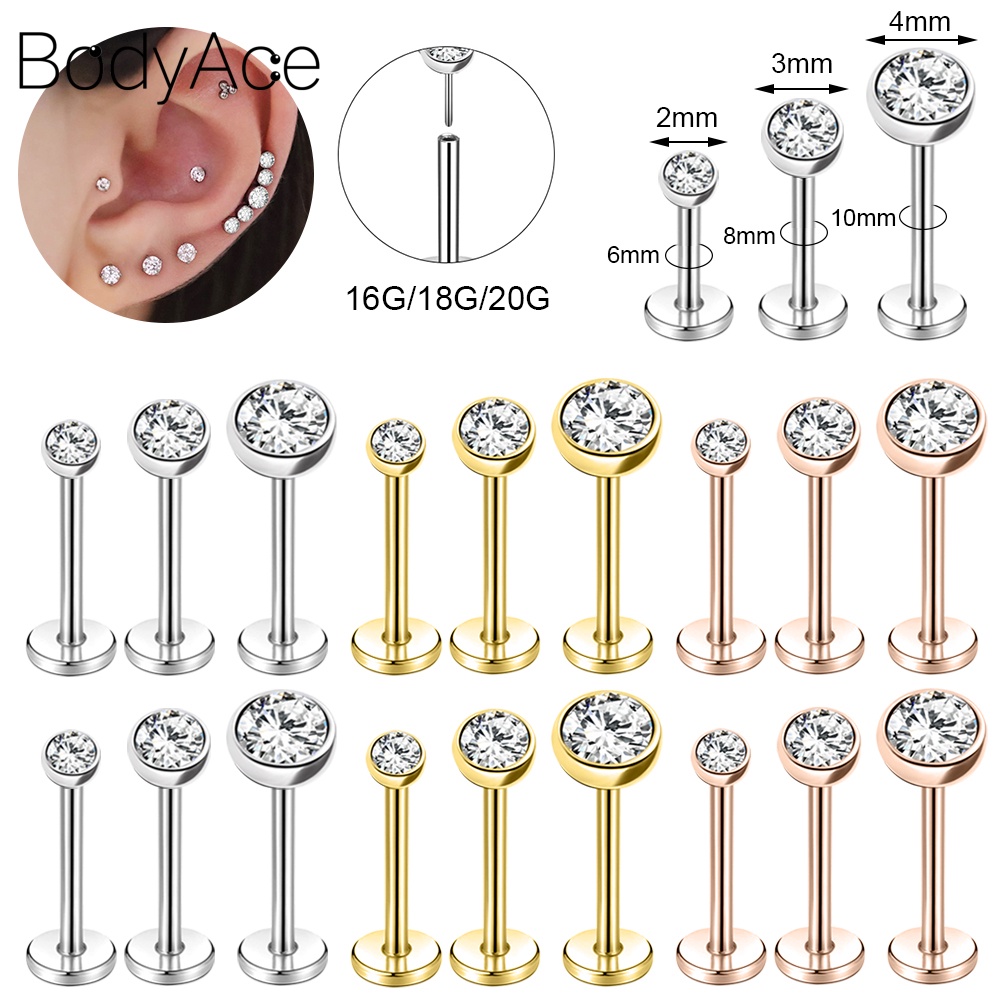 Bodyace 1 Pc 2 3 4mm Crystal Lip Labret Piercing Stainless Steel