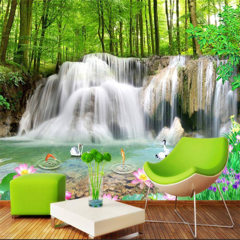 Custom Wallpaper Mural 3D Crane Waterfall Forest Natural Landscape Wall ...