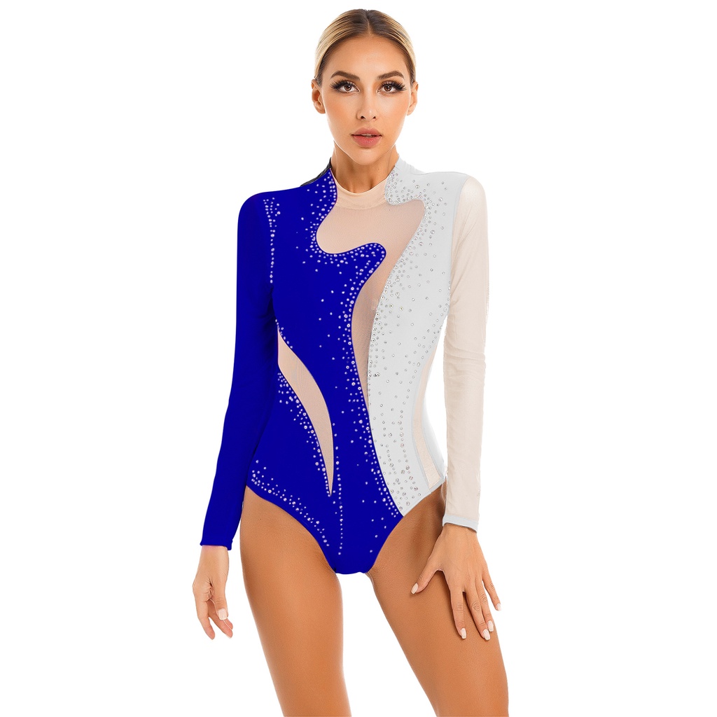 Womens Color Block Patchwork Leotard Sparkling Rhinestone Sheer Mesh Long  Sleeve Bodysuit for Gymnastics Acrobatics Dance