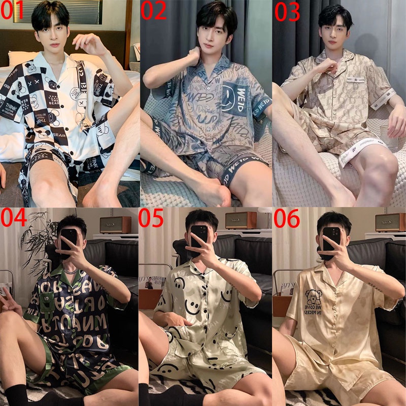 Korean Fashion Men Plus Size L 3XL Silk Satin Pyjamas Set Male Short Sleeve Sleepwear Pajamas Nightwear Homewear