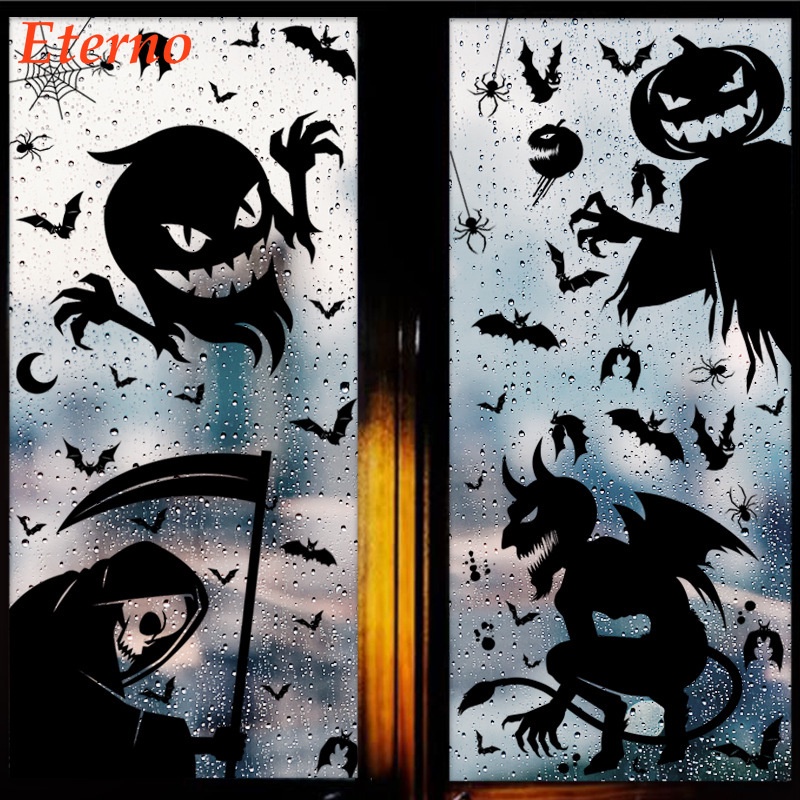 Halloween Skeleton Window Sticker Skull Head Bat Static Glass Stickers ...