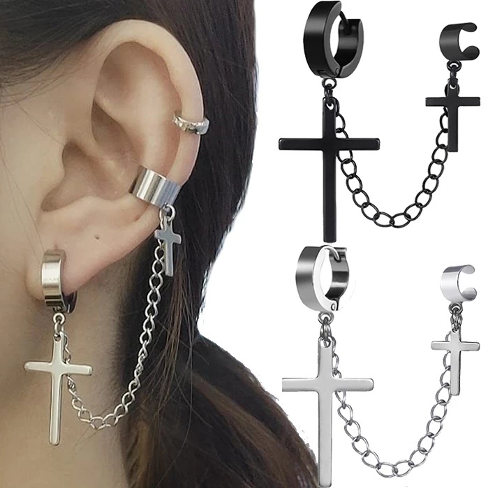 Men Women Punk Cross Tassel Earrings Stainless Steel Metal No