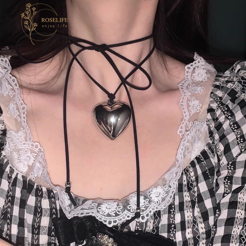 Roselife Korean Hot Sell Black Leather Bow Knot Silver Big Heart