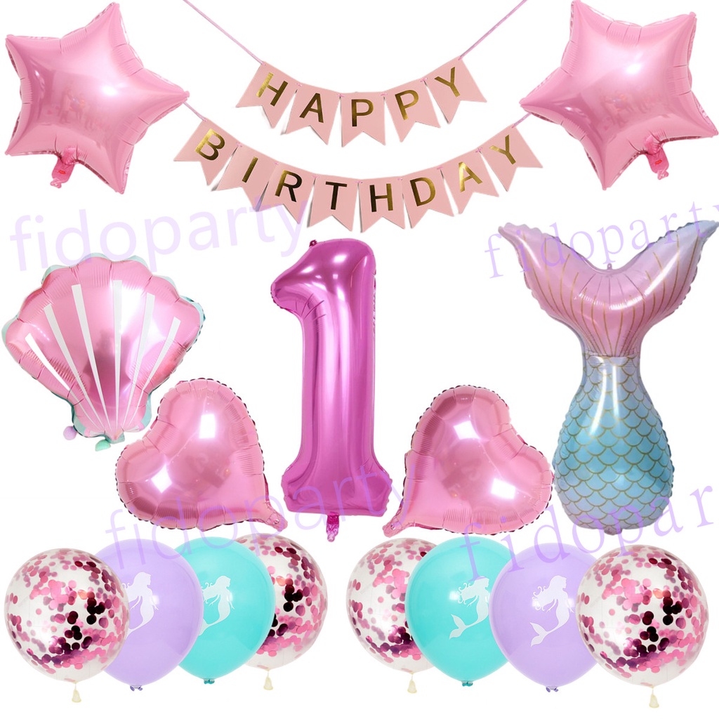 17pcs Mermaid Balloon 32inch Pink Number Balloon Birthday Banner Shell ...
