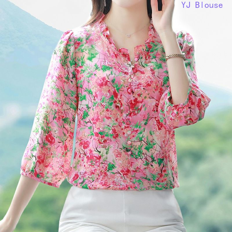 Floral Printed Chiffon Blouse Womens Summer Korean Style V Neck Mid Sleeve Shirt Shopee 5186