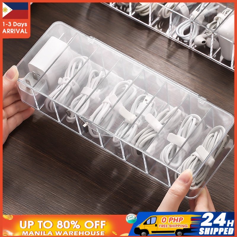 8 Grids Cable Management Box Data Charging Wire Storage Case Clear Lid ...