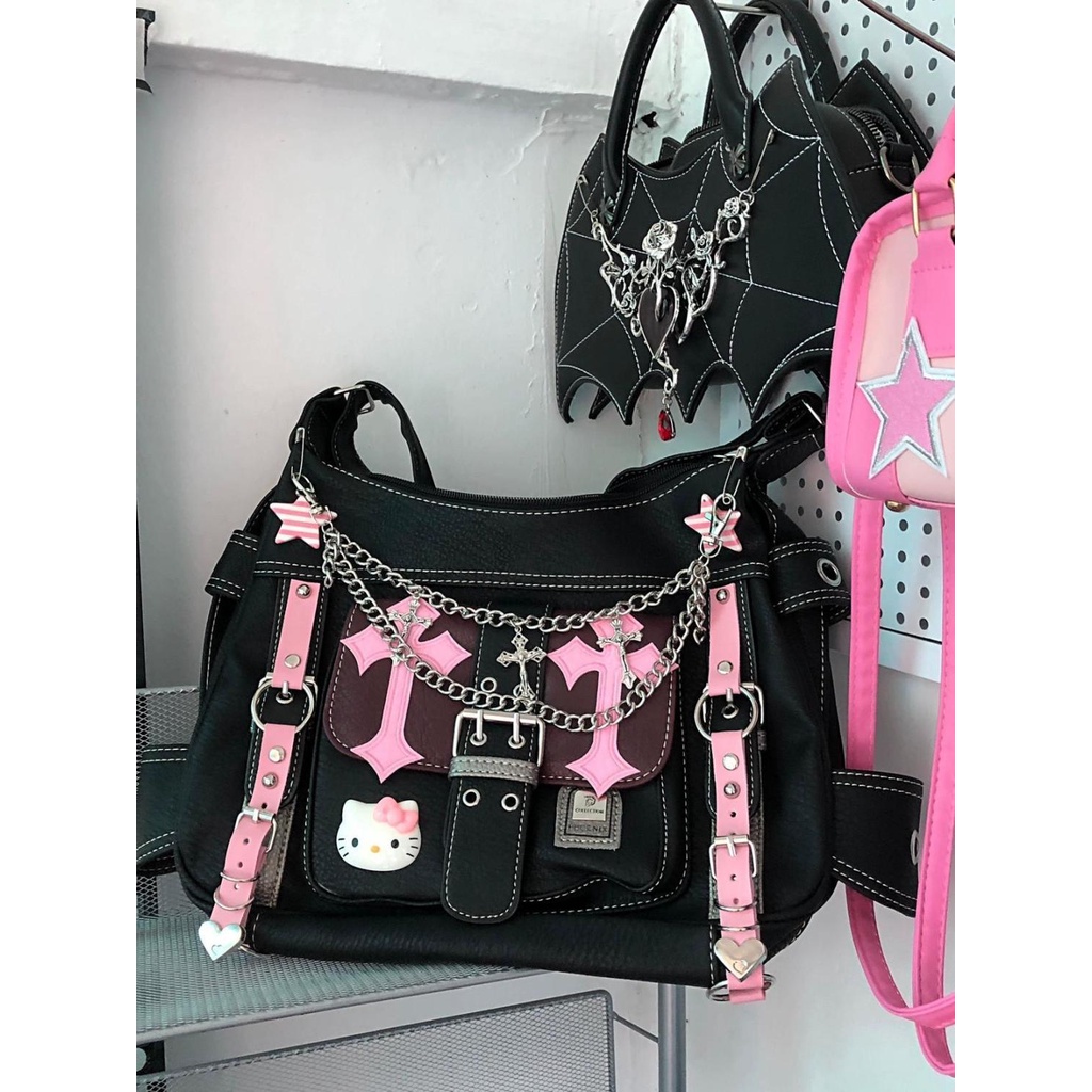 Hot Girl Portable Leather Bag y2k Cool Girl HelloKitty Black Pink Contrast Color Messenger Bag Shopee Philippines