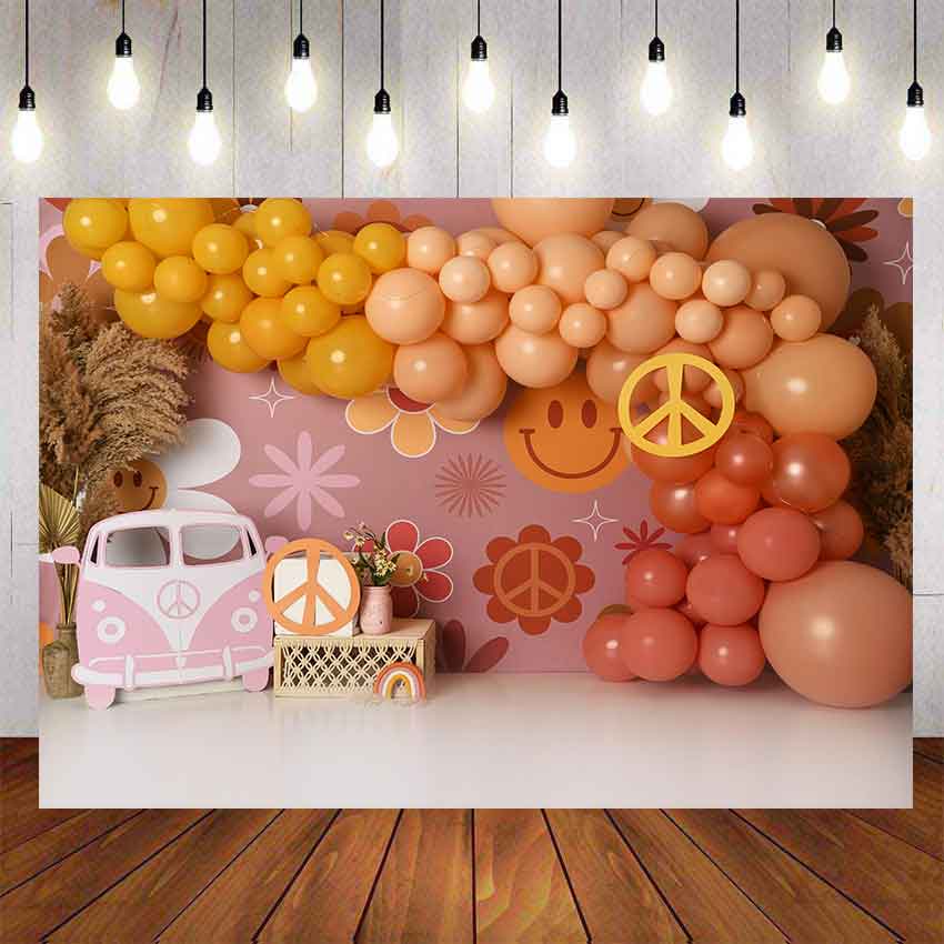 Groovy Boho Party Backdrop For Kids Cake Smash Rainbow Balloons ...