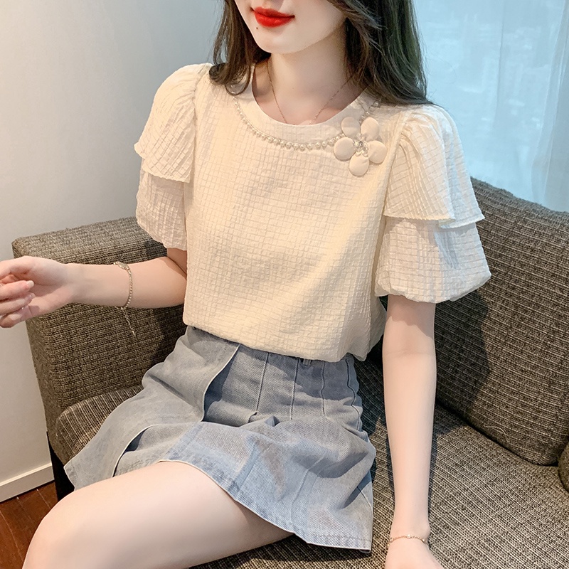 Casual Round Neck Bubble Sleeve T-Shirt