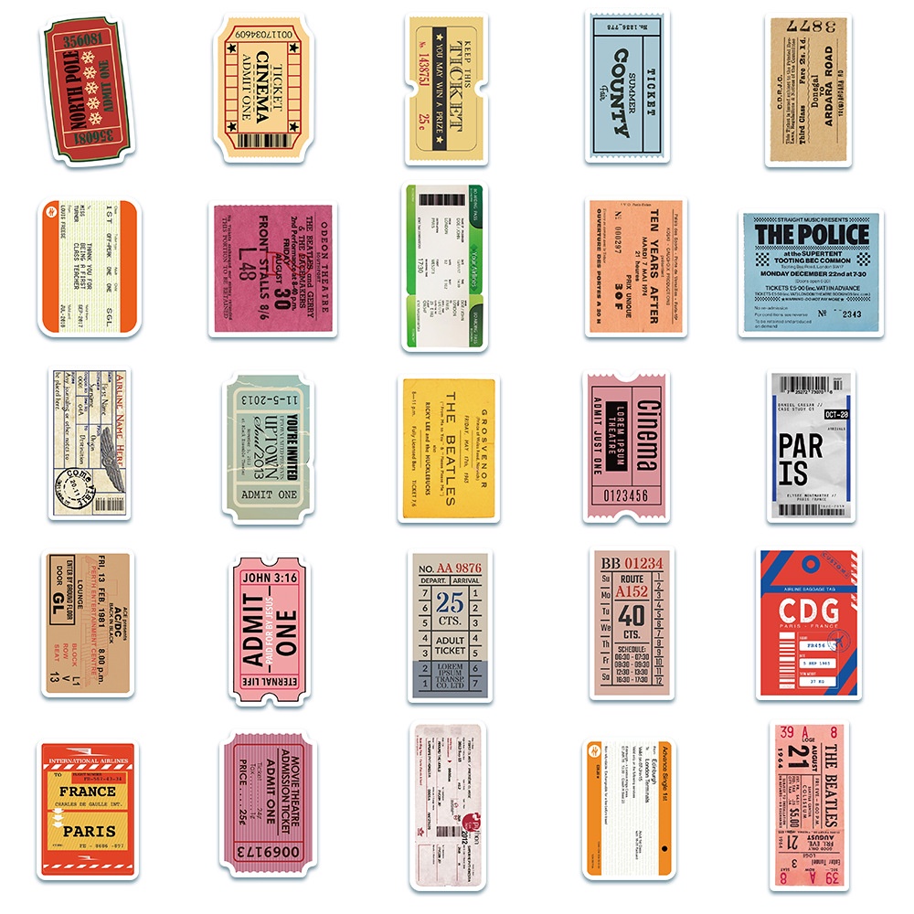 50 Sheets Non-Repetitive Old Ticket Stub Graffiti Stickers Luggage ...