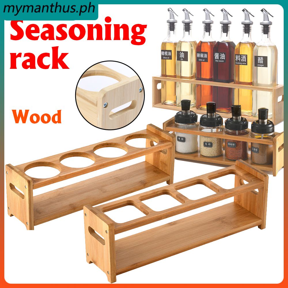 Oil Bottle Seasoning Can Storage Rack Wood Shelf Round Square Wooden