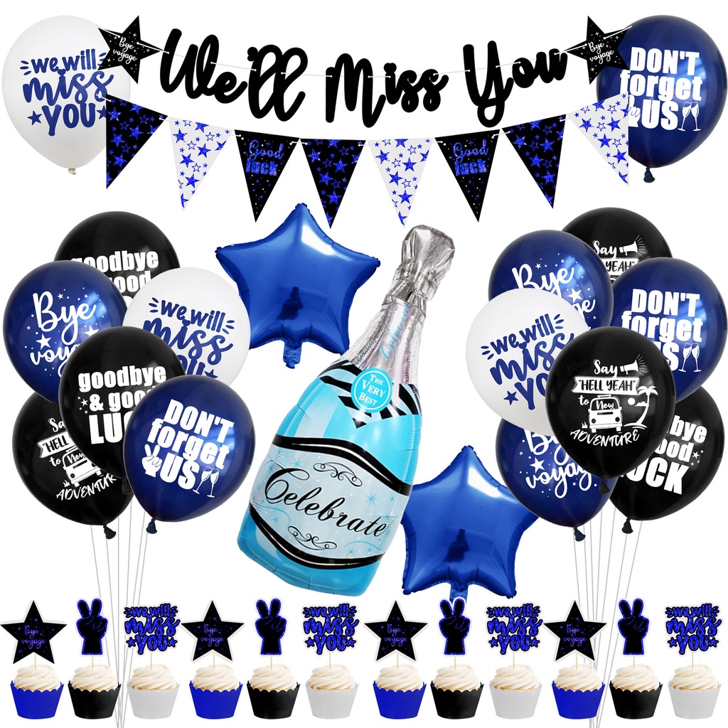 Happy Retirement Party Decoration Golden Blue Balloons Banner Cake