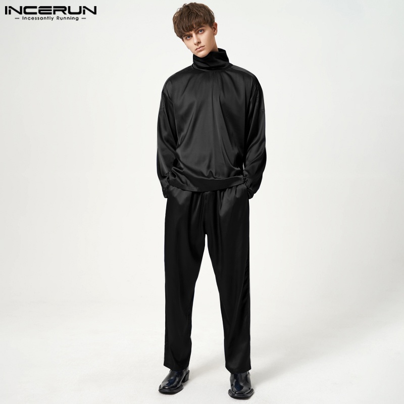 INCERUN Satin High Neck Loose Silhouette Top+Pants Casual Set | Shopee ...
