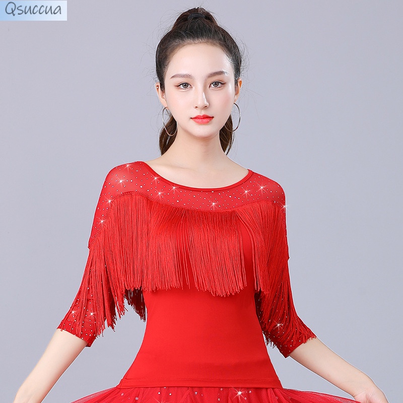 Qsuccua Adult Ladies Latin Ballroom Dance Mesh Round Neck Sequined Tassel  Top Practice Performance
