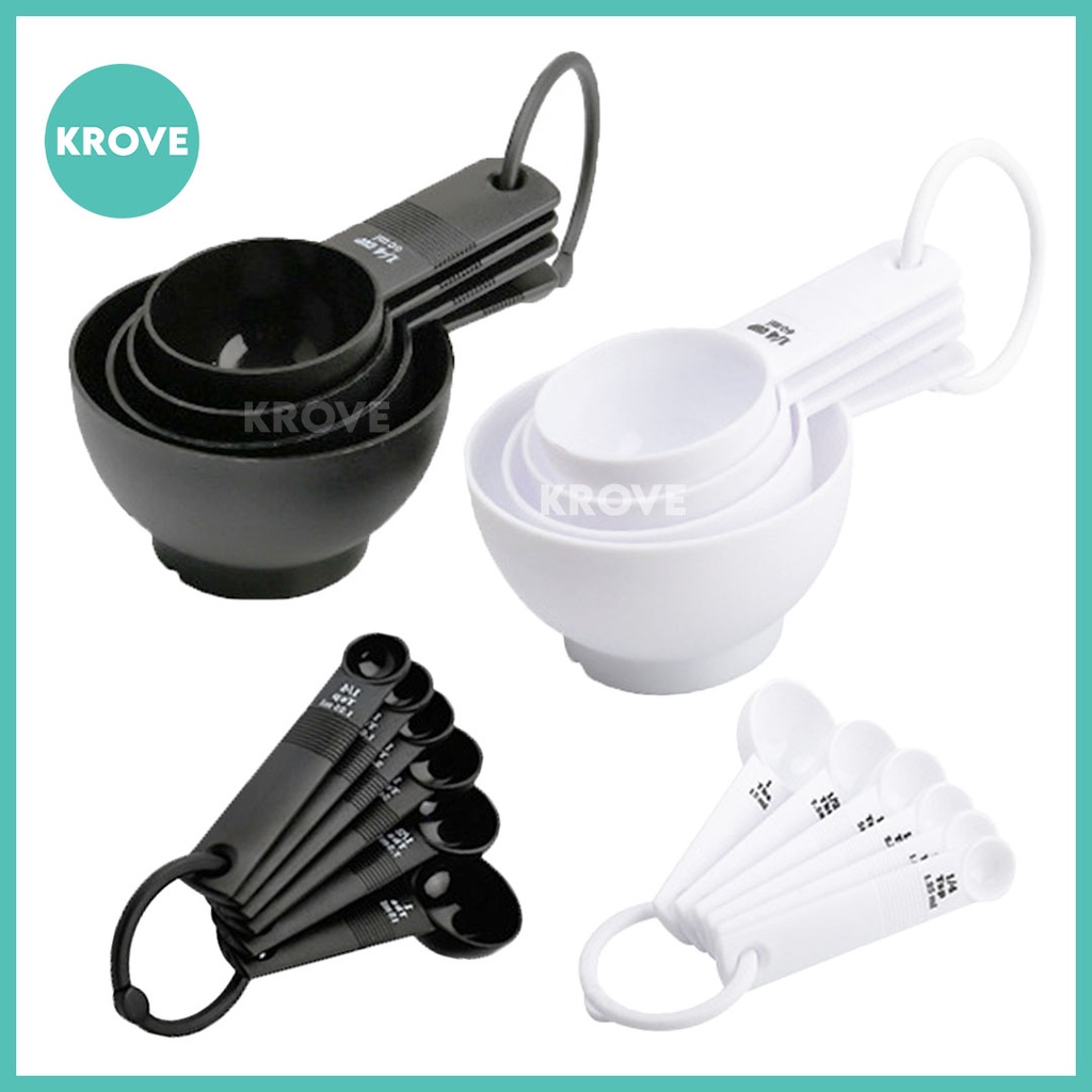 10pcs Thick Plastic Measuring Cups & Spoons Set White Black Kitchen