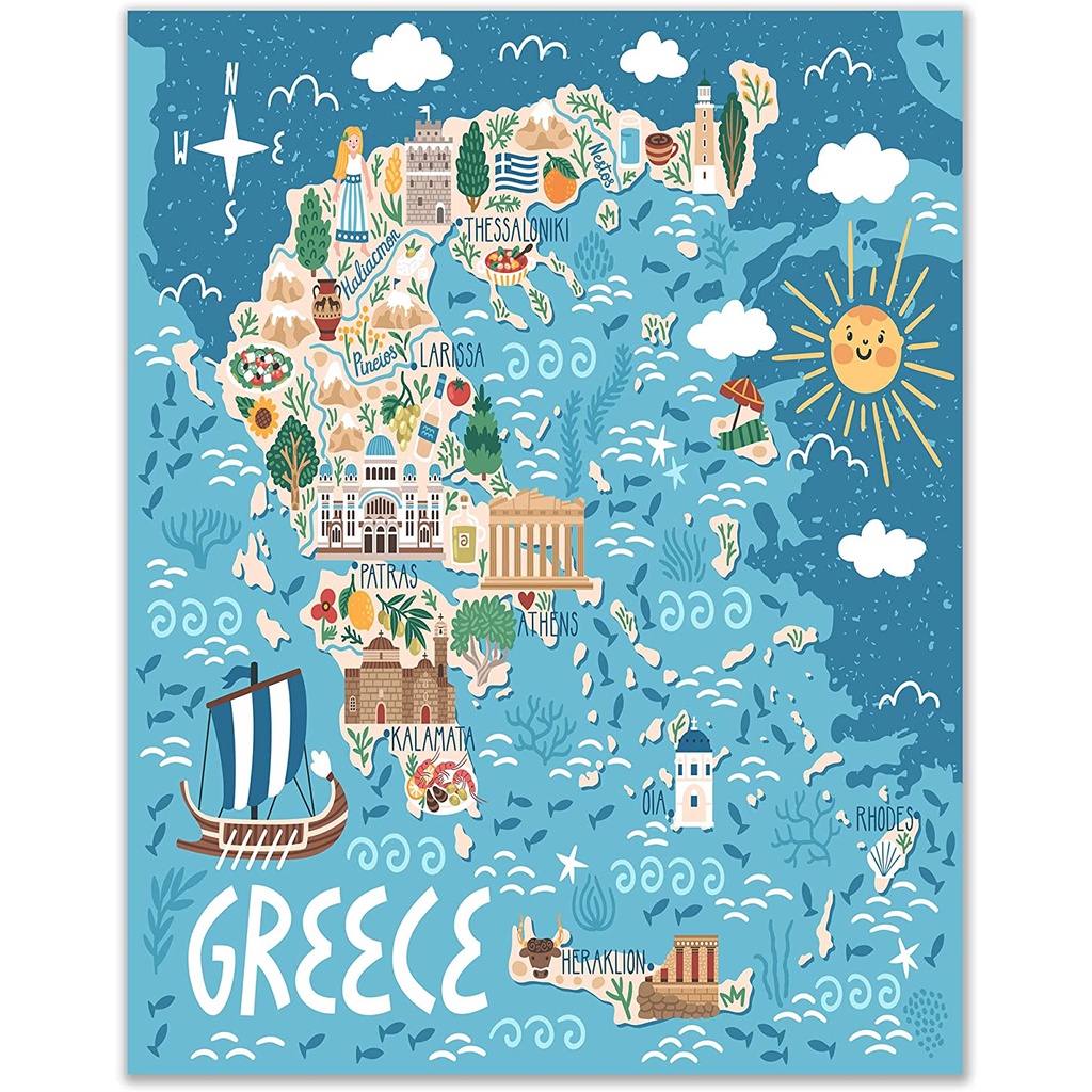 Greece Tourism Map of Attractions Wall Art Decor Illustrated Greek