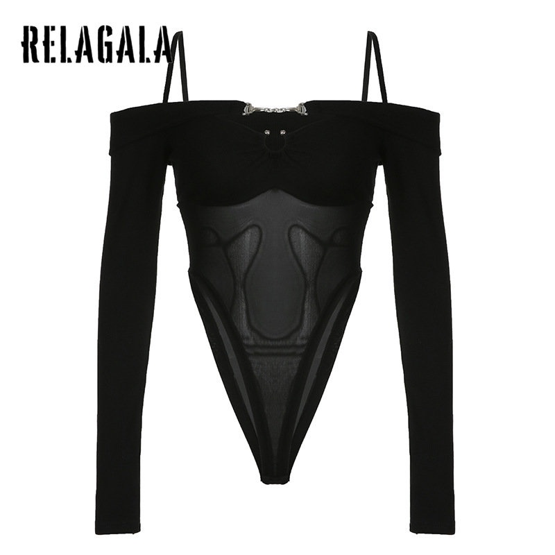 Relagala Womens 2023 Fashion Sexy Mesh See Through Slim Long Sleeve Bodysuit Shopee Philippines 4080