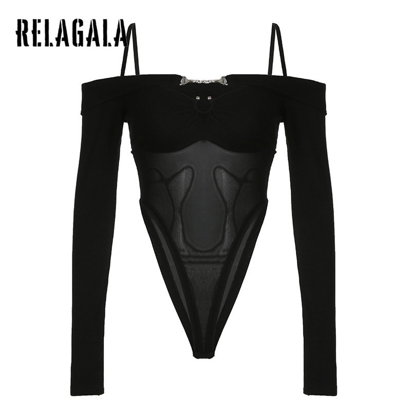RelaGala Women's 2023 Fashion Sexy Mesh SeeThrough Slim Long Sleeve