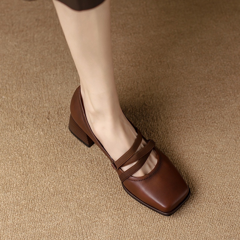 French Vintage Mary Jane Shoes Women Brown 2022 Autumn New Style Mid