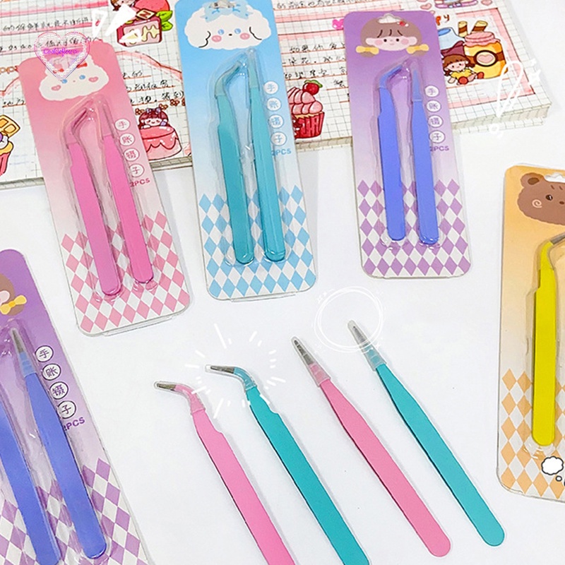 CKFR 2Pcs New Candy Color Straight Curved Tweezers Tool For Journal DIY