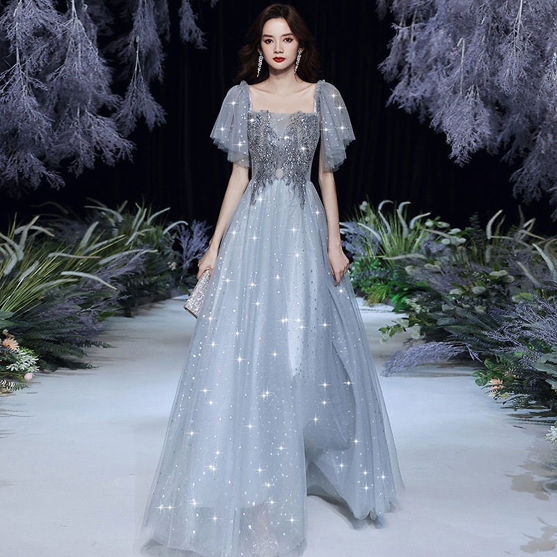 Blue Bubble Sleeve Wedding Dress Banquet Evening Dress Bride Toast Dress