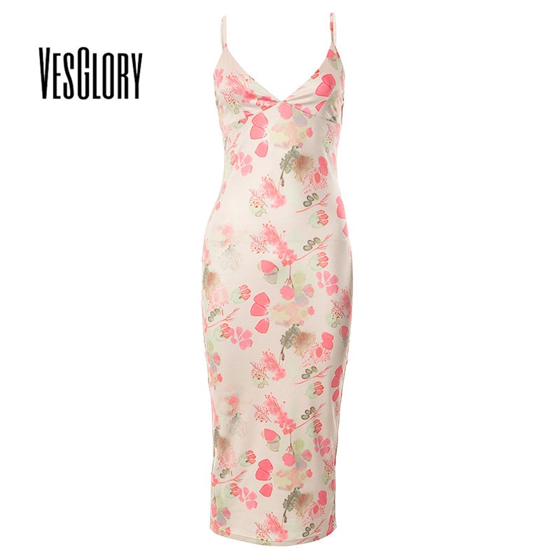 VesGlory Women Midi Dress 2023 Fashion Floral Printing V Neck Slim Fit Casual Street Style Cami