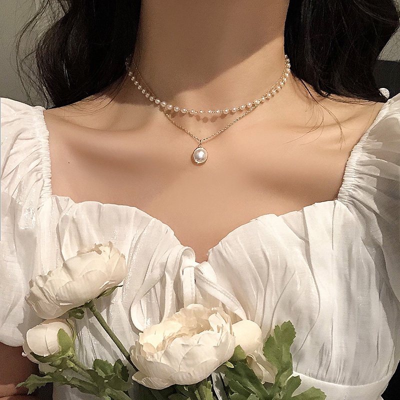 Fashion Retro Pearl Metal Necklace Korean Multilayer Pendant Women