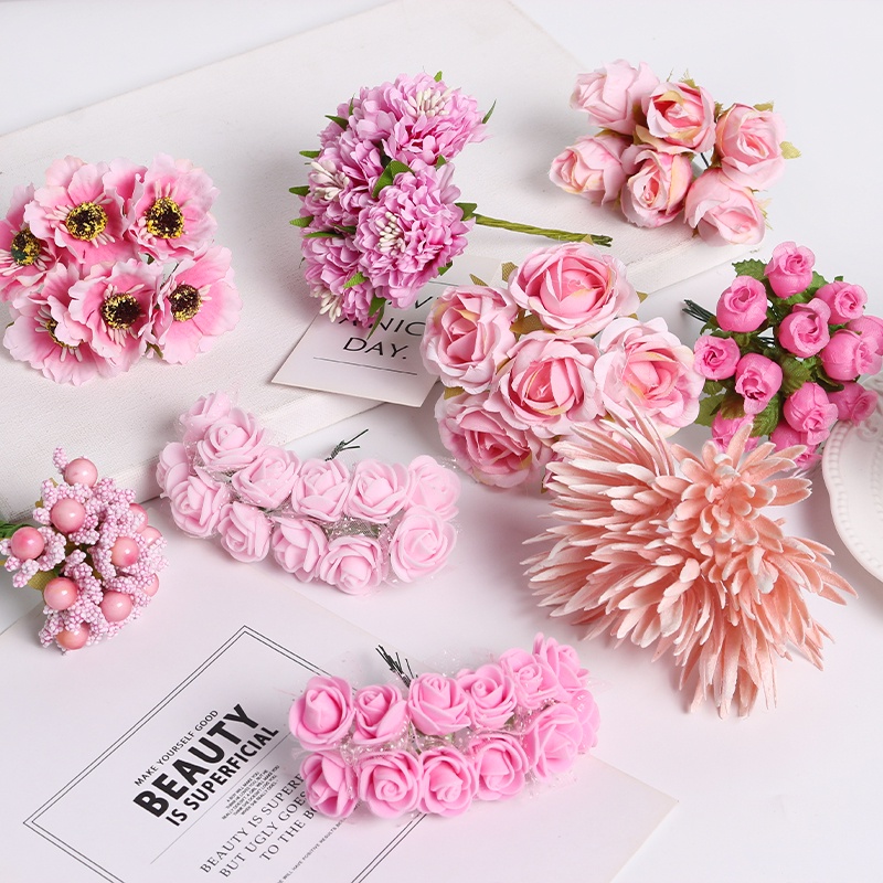 Rosa Pink Mini Artificial Flowers Bouquet Fake Plant for Home Decor