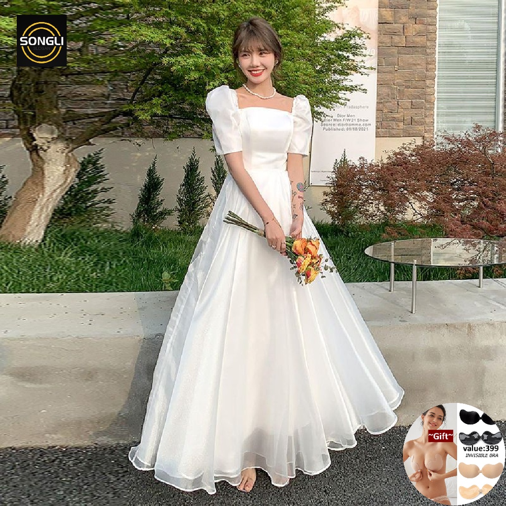 White French Satin Civil Wedding Dress New Party Dress Long Evening Dress  Maxi Dress