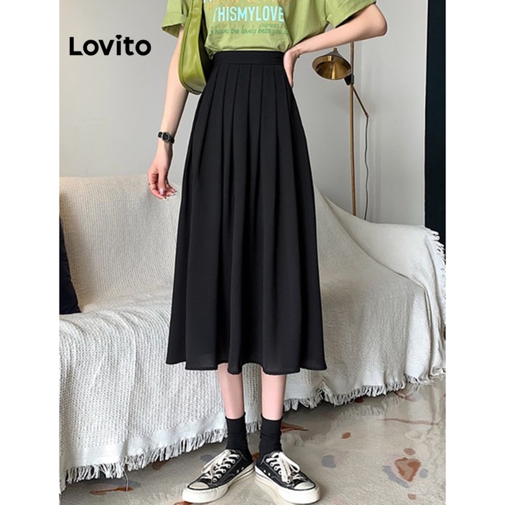 Lovito Casual Plain Pleated Skirts for Women LNA04166 (Black) Shopee